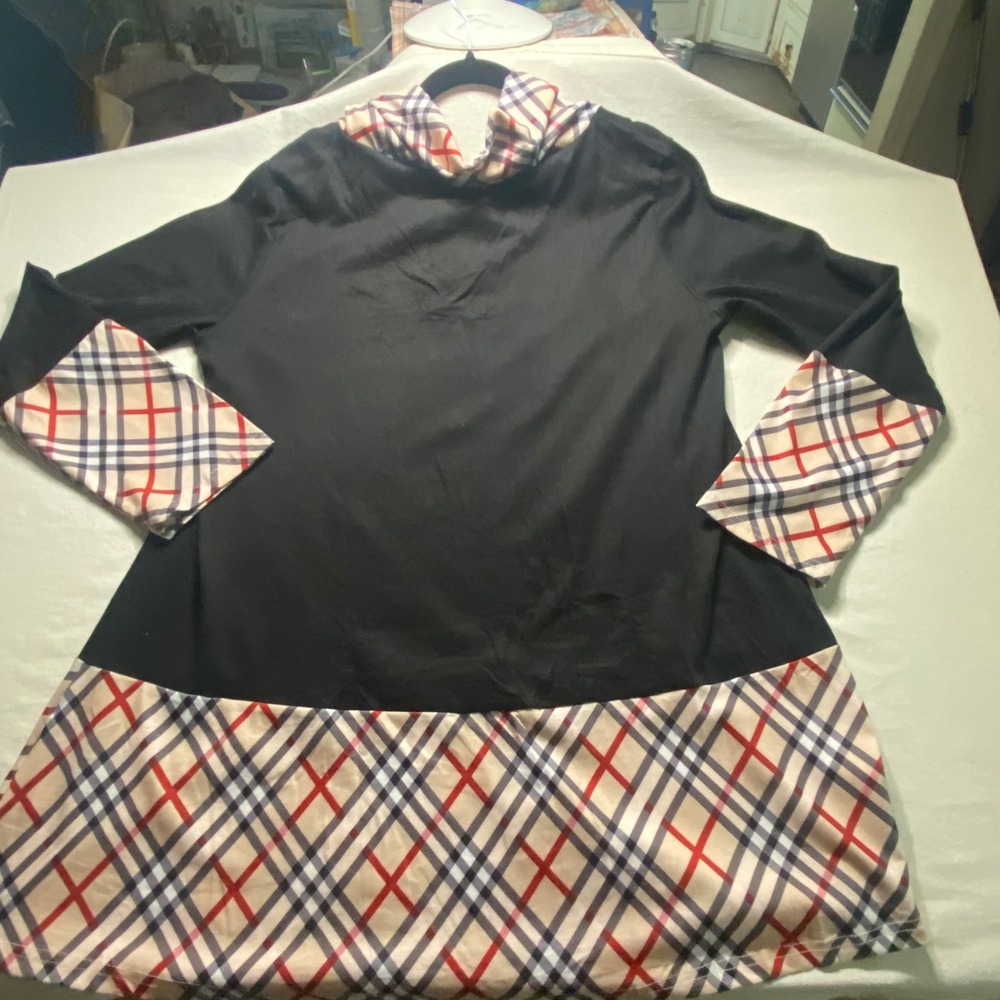 Miusey Womens 2XL Plaid Trim Tunic Top Black Long Sleeve Button V-Neck New